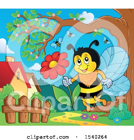 Clipart of a Honey Bee Holding a Daisy Flower - Royalty Free Vector Illustration by visekart