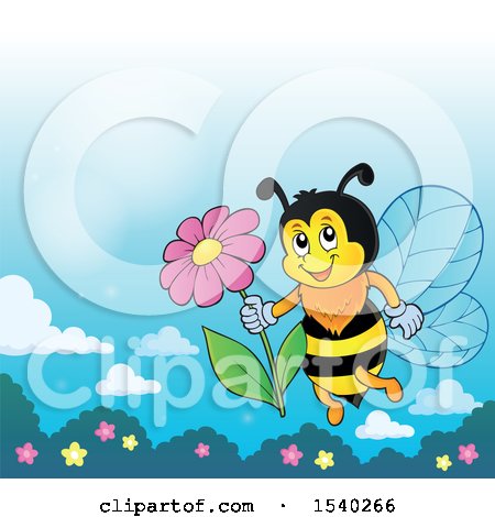Clipart of a Honey Bee Holding a Daisy Flower - Royalty Free Vector Illustration by visekart