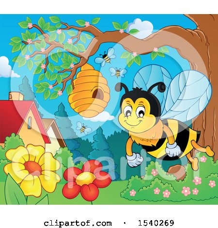 Clipart of a Honey Bee near a Hive in a Yard - Royalty Free Vector Illustration by visekart