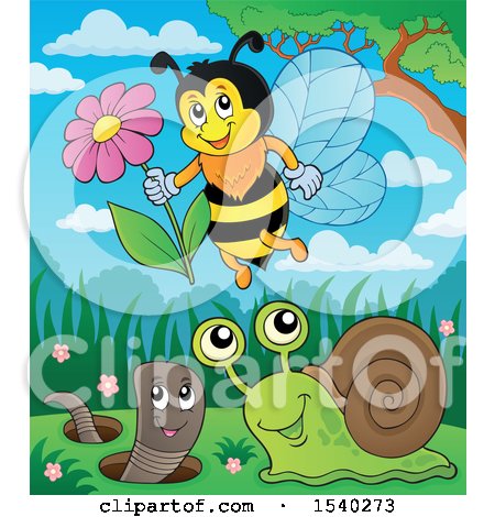 Clipart of a Honey Bee, Snail and Worm - Royalty Free Vector Illustration by visekart