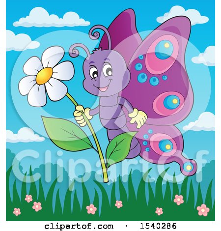 Clipart of a Butterfly Holding a Flower - Royalty Free Vector Illustration by visekart