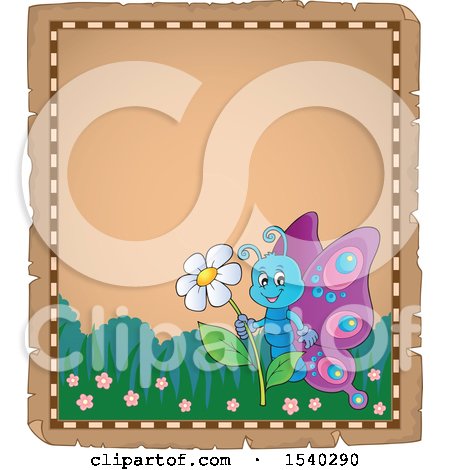 Clipart of a Parchment Border with a Butterfly - Royalty Free Vector Illustration by visekart