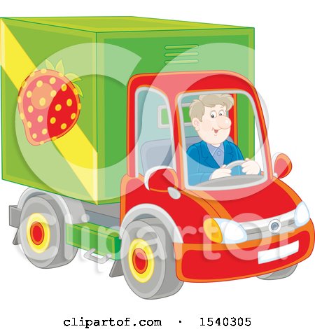 Clipart of a White Man Driving a Strawberry Produce Truck - Royalty Free Vector Illustration by Alex Bannykh