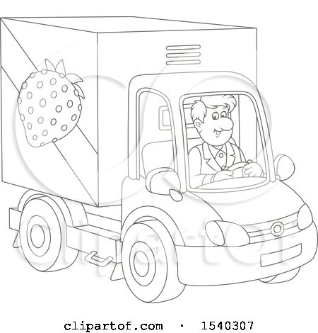 Clipart of a Lineart Man Driving a Strawberry Produce Truck - Royalty Free Vector Illustration by Alex Bannykh