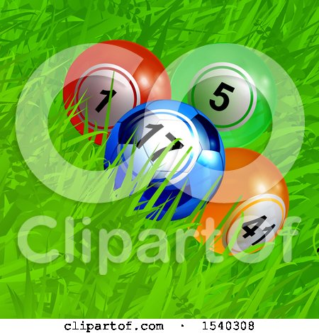Clipart of Lottery or Bingo Balls, One Looking like a Soccer Ball, in Grass - Royalty Free Vector Illustration by elaineitalia