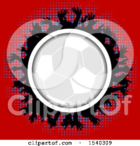 Clipart of a Soccer Ball Frame with Silhouetted Hands over Halftone on Red - Royalty Free Vector Illustration by elaineitalia