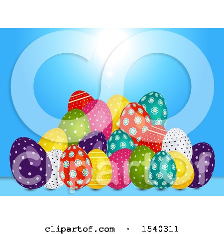 Clipart of a 3d Pile of Easter Eggs over Blue - Royalty Free Vector Illustration by elaineitalia