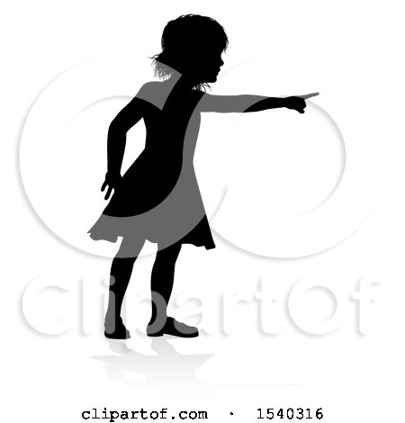 Clipart of a Silhouetted Girl Pointing with a Reflection or Shadow, on a White Background - Royalty Free Vector Illustration by AtStockIllustration