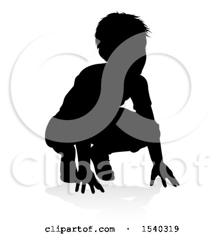 Clipart of a Silhouetted Boy Crouching with a Reflection or Shadow, on a White Background - Royalty Free Vector Illustration by AtStockIllustration