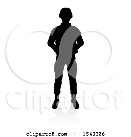 Clipart of a Silhouetted Male Soldier, with a Reflection or Shadow, on a White Background - Royalty Free Vector Illustration by AtStockIllustration