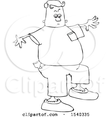 Clipart of a Lineart Man Walking in Booties - Royalty Free Vector Illustration by djart