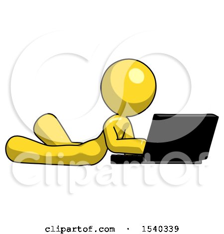 Yellow Design Mascot Woman Using Laptop Computer While Lying on Floor Side Angled View by Leo Blanchette