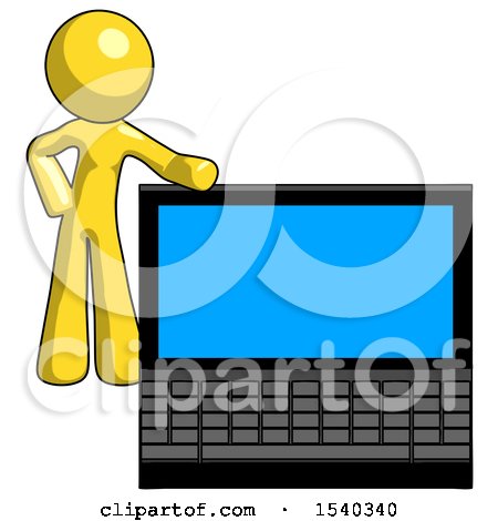 Yellow Design Mascot Man Beside Large Laptop Computer, Leaning Against It by Leo Blanchette