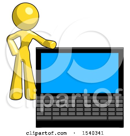 Yellow Design Mascot Woman Beside Large Laptop Computer, Leaning Against It by Leo Blanchette