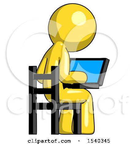 Yellow Design Mascot Man Using Laptop Computer While Sitting in Chair View from Back by Leo Blanchette