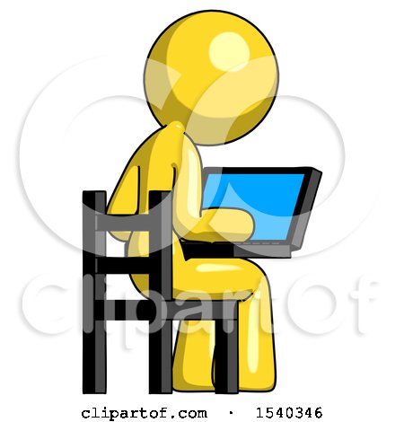Yellow Design Mascot Woman Using Laptop Computer While Sitting in Chair View from Back by Leo Blanchette