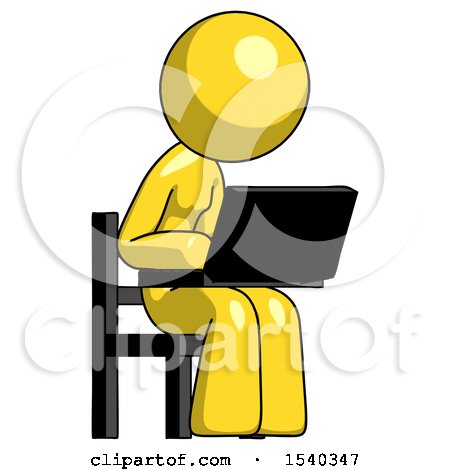Yellow Design Mascot Woman Using Laptop Computer While Sitting in Chair Angled Right by Leo Blanchette