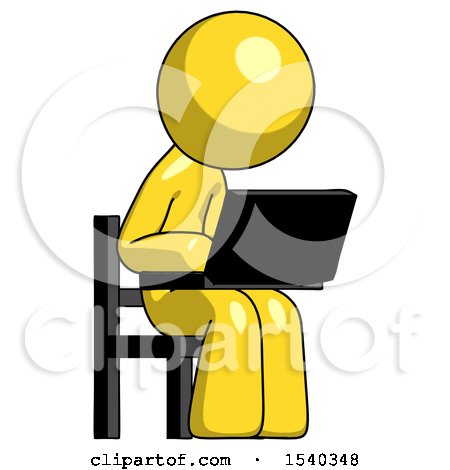 Yellow Design Mascot Man Using Laptop Computer While Sitting in Chair Angled Right by Leo Blanchette