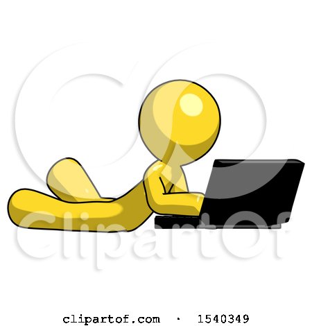 Yellow Design Mascot Man Using Laptop Computer While Lying on Floor Side Angled View by Leo Blanchette