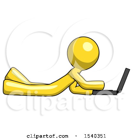Yellow Design Mascot Man Using Laptop Computer While Lying on Floor Side View by Leo Blanchette