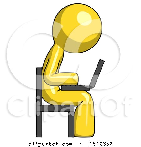 Yellow Design Mascot Man Using Laptop Computer While Sitting in Chair View from Side by Leo Blanchette