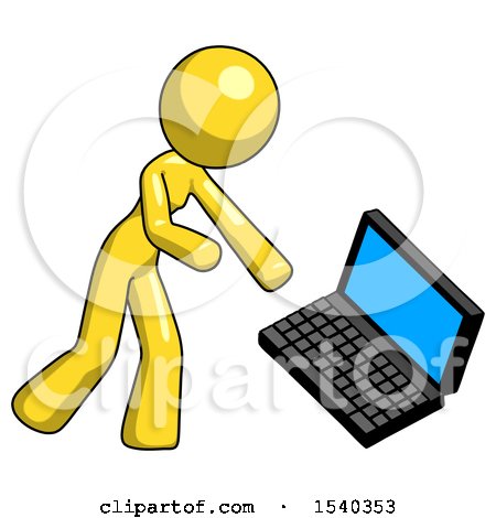Yellow Design Mascot Woman Throwing Laptop Computer in Frustration by Leo Blanchette
