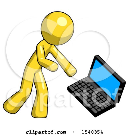 Yellow Design Mascot Man Throwing Laptop Computer in Frustration by Leo Blanchette