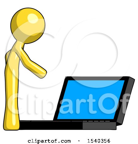 Yellow Design Mascot Man Using Large Laptop Computer Side Orthographic View by Leo Blanchette