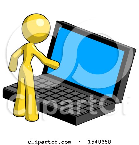 Yellow Design Mascot Woman Using Large Laptop Computer by Leo Blanchette
