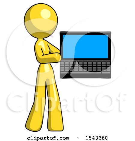 Yellow Design Mascot Woman Holding Laptop Computer Presenting Something on Screen by Leo Blanchette