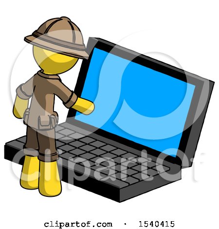 Yellow Explorer Ranger Man Using Large Laptop Computer by Leo Blanchette