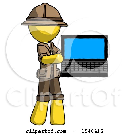 Yellow Explorer Ranger Man Holding Laptop Computer Presenting Something on Screen by Leo Blanchette