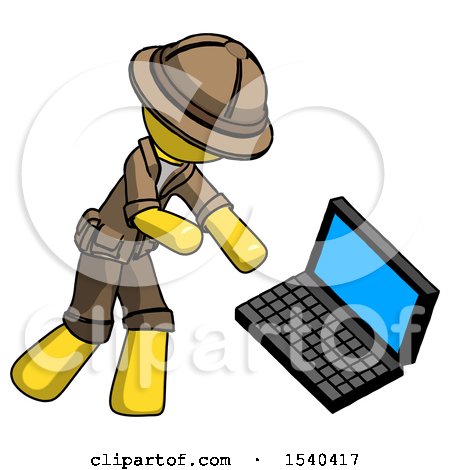 Yellow Explorer Ranger Man Throwing Laptop Computer in Frustration by Leo Blanchette