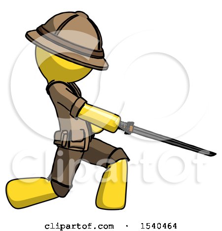 Yellow Explorer Ranger Man with Ninja Sword Katana Slicing or Striking Something by Leo Blanchette