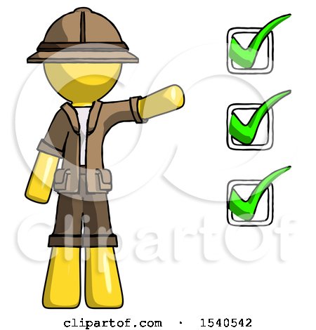 Yellow Explorer Ranger Man Standing by List of Checkmarks by Leo Blanchette