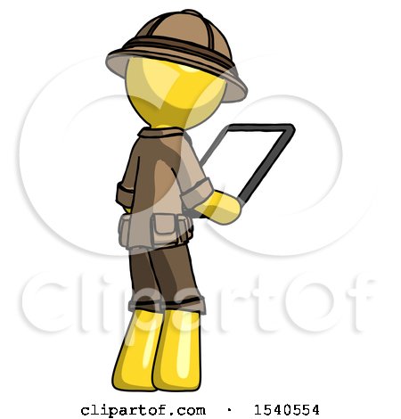 Yellow Explorer Ranger Man Looking at Tablet Device Computer Facing Away by Leo Blanchette