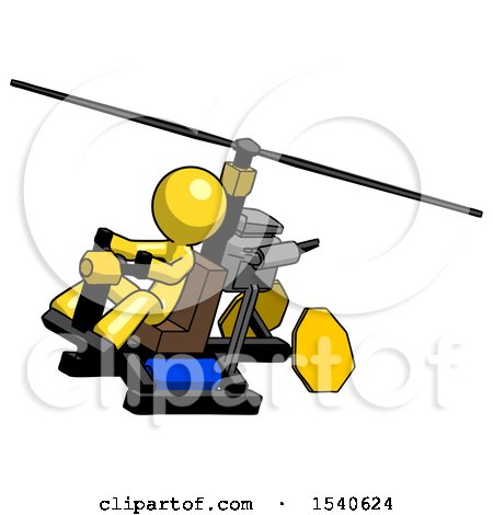 Yellow Design Mascot Man Flying in Gyrocopter Front Side Angle Top View by Leo Blanchette