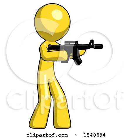 Yellow Design Mascot Man Shooting Automatic Assault Weapon by Leo Blanchette