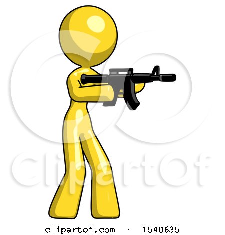 Yellow Design Mascot Woman Shooting Automatic Assault Weapon by Leo Blanchette