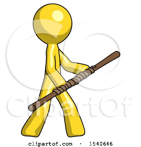 Yellow Design Mascot Man Holding Bo Staff in Sideways Defense Pose by Leo Blanchette
