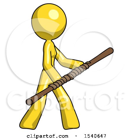 Yellow Design Mascot Woman Holding Bo Staff in Sideways Defense Pose by Leo Blanchette