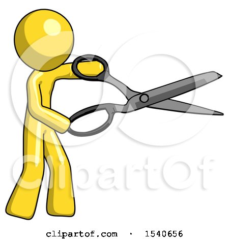 Yellow Design Mascot Man Holding Giant Scissors Cutting out Something by Leo Blanchette