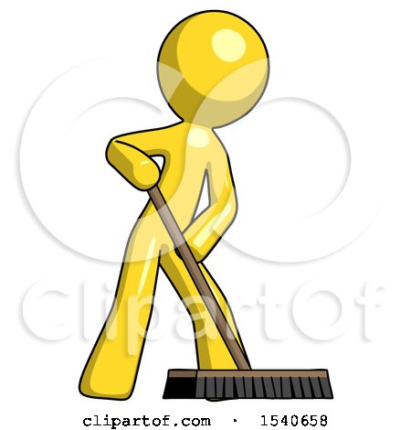 Yellow Design Mascot Man Cleaning Services Janitor Sweeping Floor with Push Broom by Leo Blanchette
