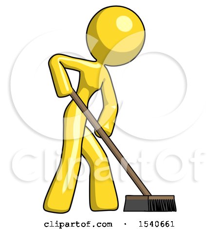 Yellow Design Mascot Woman Cleaning Services Janitor Sweeping Side View by Leo Blanchette