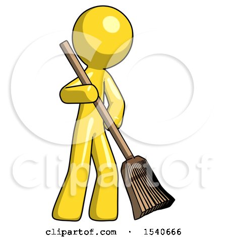 Yellow Design Mascot Man Sweeping Area with Broom by Leo Blanchette