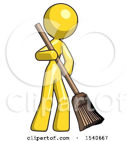 Yellow Design Mascot Woman Sweeping Area with Broom by Leo Blanchette
