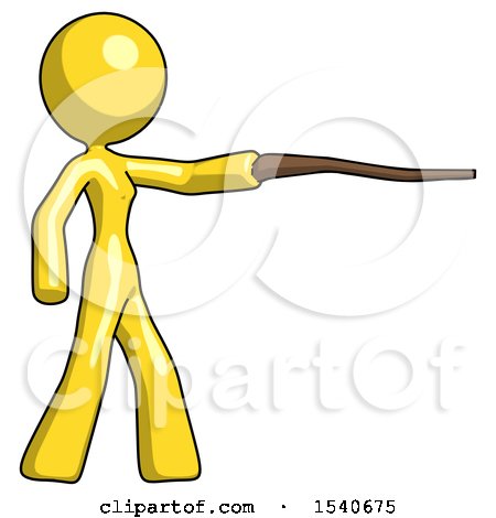 Yellow Design Mascot Woman Pointing with Hiking Stick by Leo Blanchette