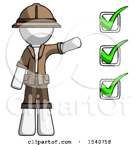 White Explorer Ranger Man Standing by List of Checkmarks by Leo Blanchette