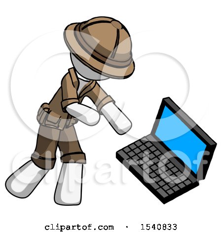White Explorer Ranger Man Throwing Laptop Computer in Frustration by Leo Blanchette