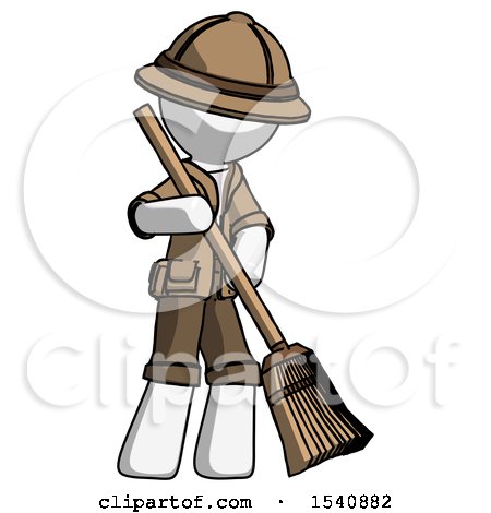 White Explorer Ranger Man Sweeping Area with Broom by Leo Blanchette